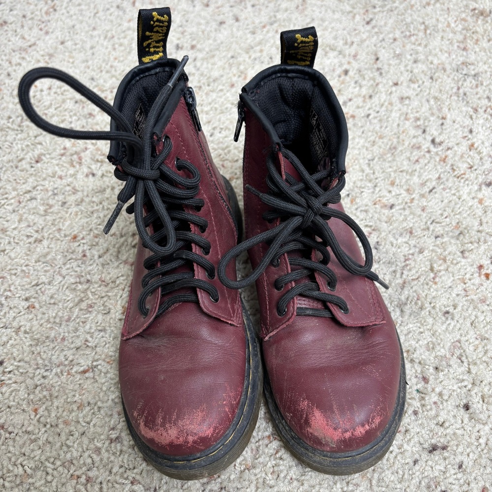 Dr. Martens 1460 J Kids Burgundy Leather Lace Up Side Zip Combat Boots Size 2 US